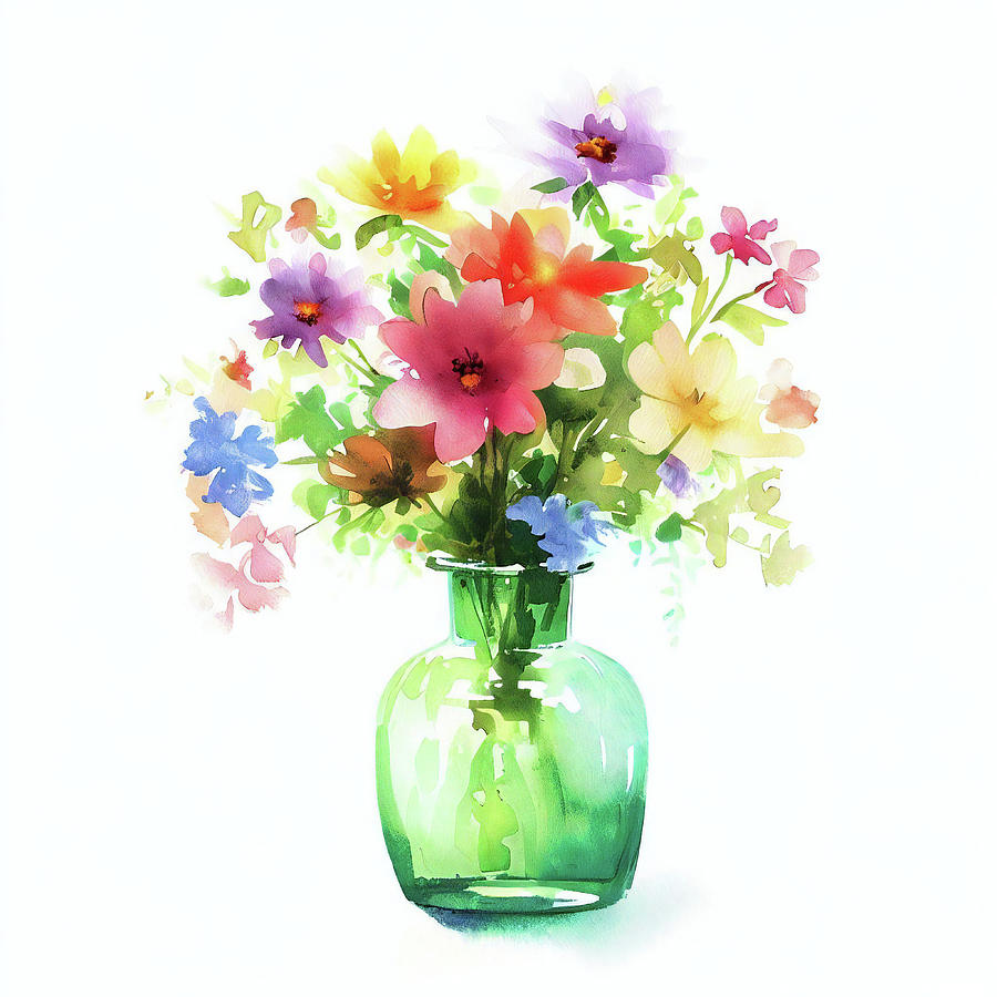 Colorful Flowers in Green Glass Vase Digital Art by Alison Frank