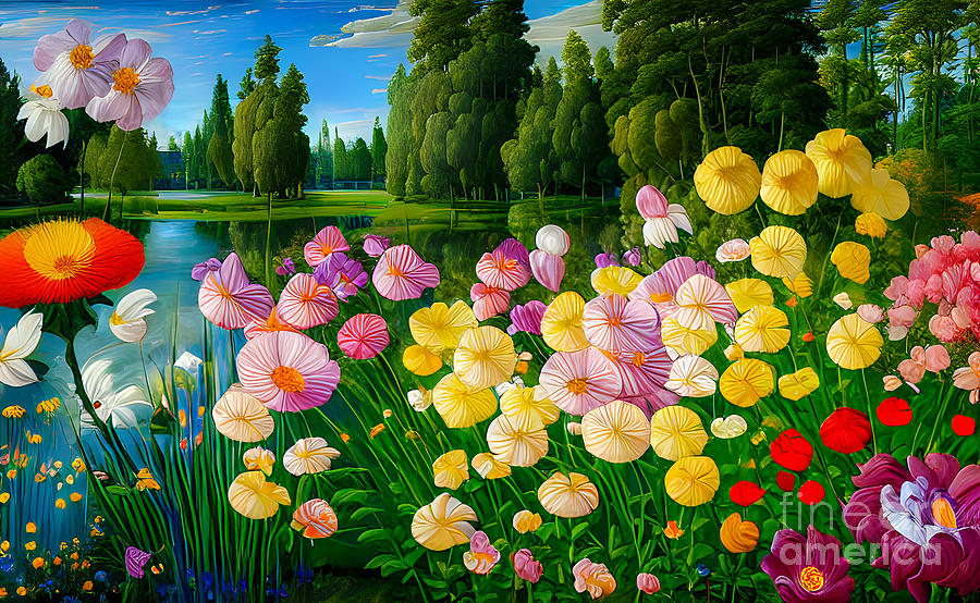 Nature Digital Art - Beautiful flowers in the park with a pond by Viktor Birkus