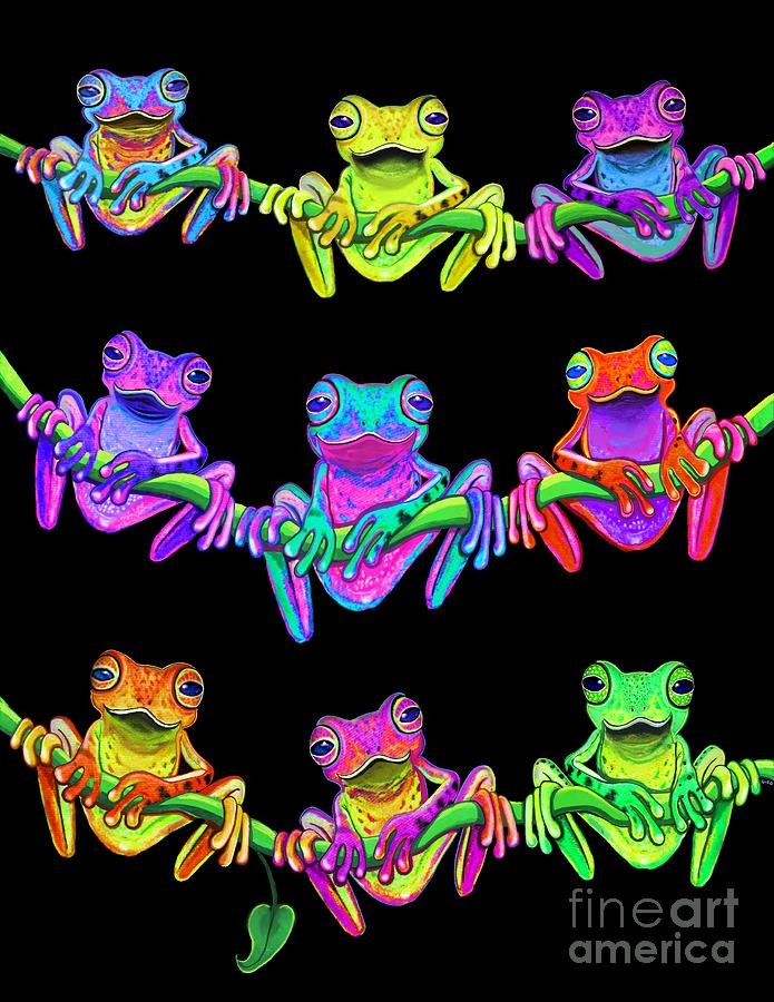 Colorful Frogs On A Vine Digital Art