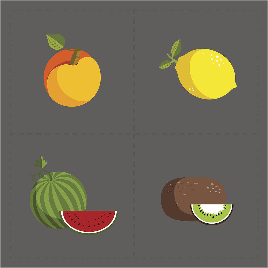 Colorful Fruit Icon Set on Grey Background Drawing by Marnikus