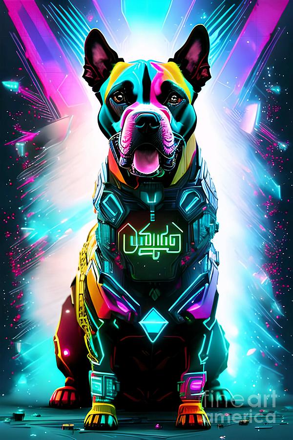 Colorful Futuristic Cyber Punk Boxer Dog Digital Art