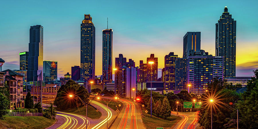 Colorful Georgia Morning - Atlanta Skyline from Jackson Street Bridge Panorama Photograph by Gregory Ballos
