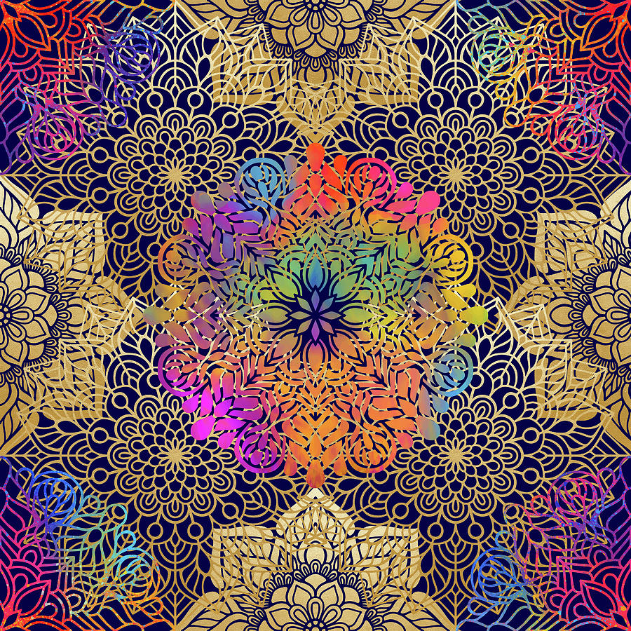 Colorful Gold Mandala Pattern in Black Background Digital Art by Sambel Pedes