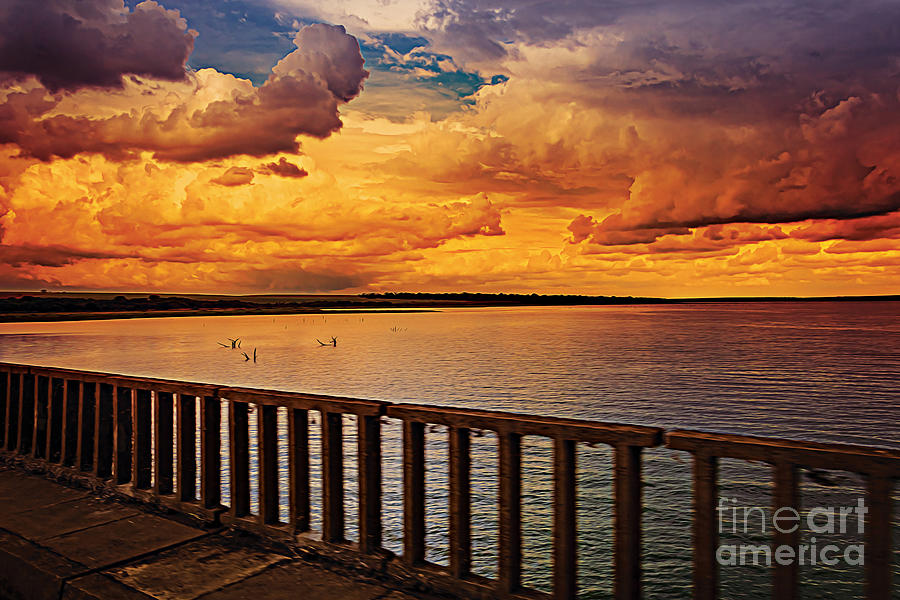 Sunset Digital Art - Colorful golden hour sunset at the bridge view to the lake by Vinicius Bacarin