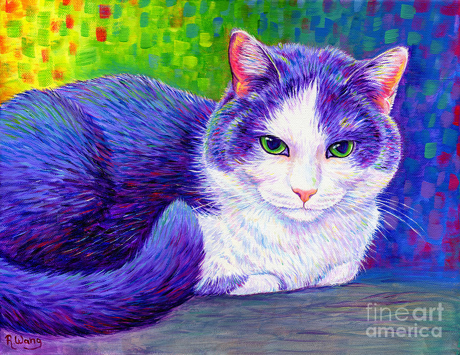 Purple Tuxedo Cat Painting by Rebecca Wang