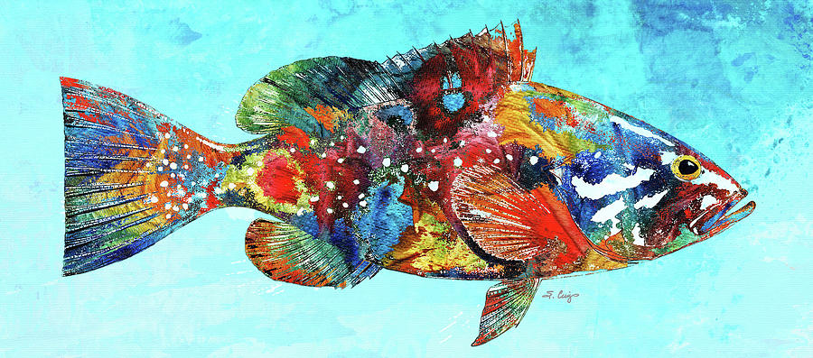 Colorful Grouper Fish On Blue 2 Painting by Sharon Cummings
