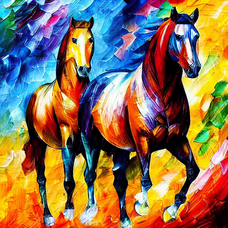 Colorful horses walking - digital painting Digital Art by Nicko Prints