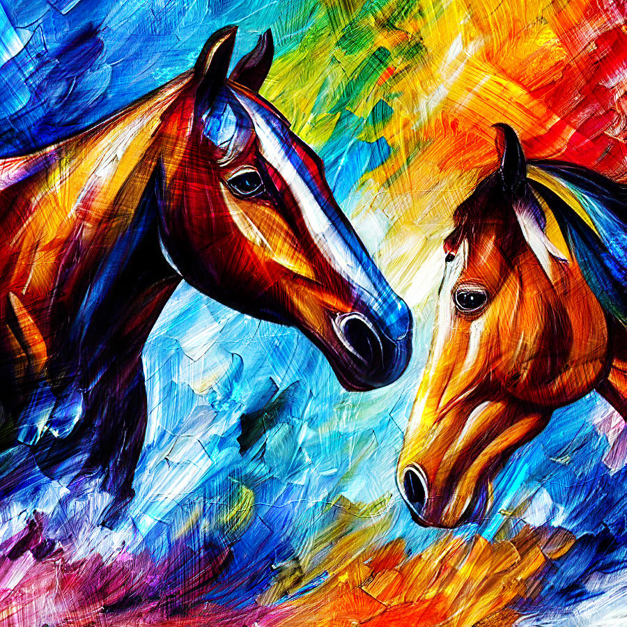 Colorful horses watching each other - digital painting Digital Art by Nicko Prints