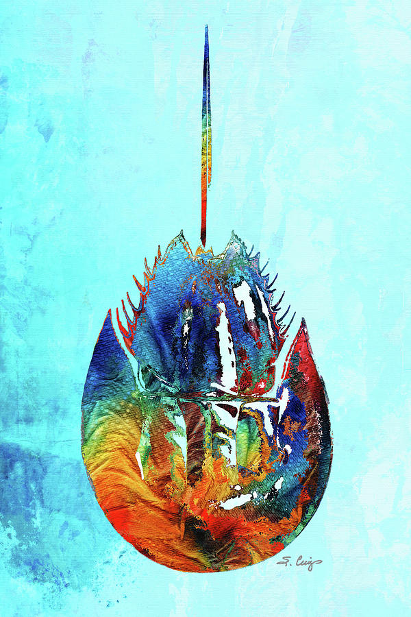 Colorful Horseshoe Crab Art on Beach Blue Painting by Sharon Cummings