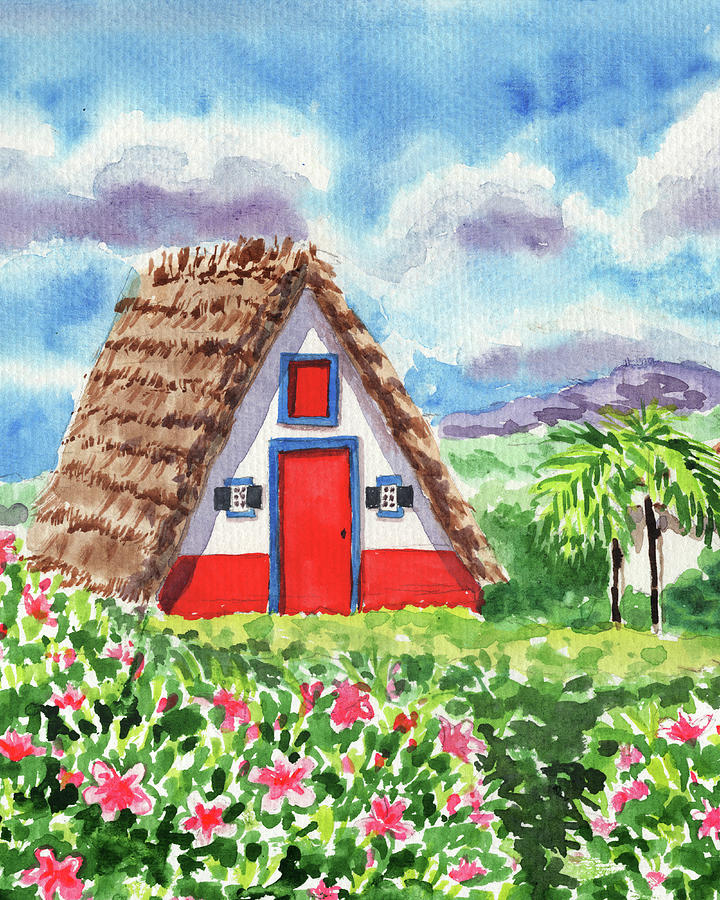 Colorful House Of Santana Village Portugal Watercolor Painting