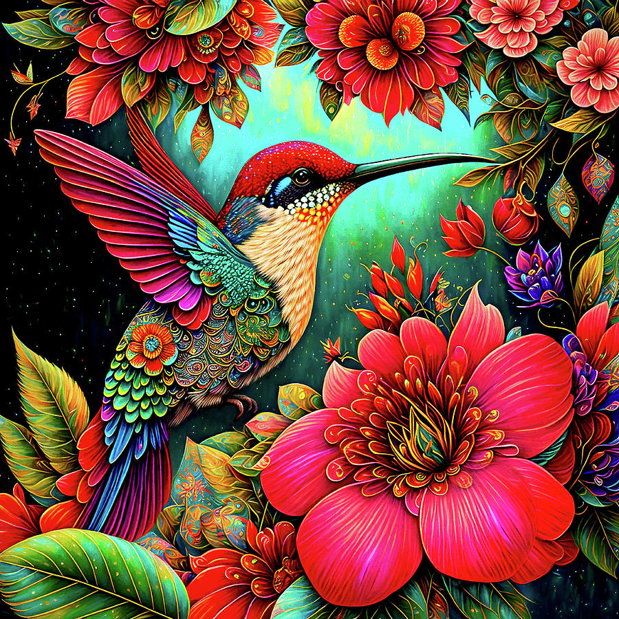 Colorful Hummingbird and Flowers Digital Art by Peggy Collins