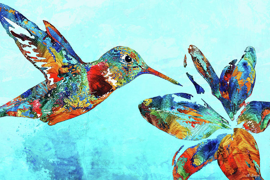 Colorful Hummingbird Art On Blue Painting by Sharon Cummings