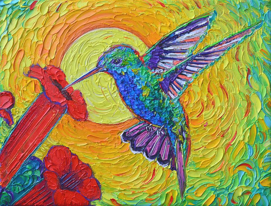 COLORFUL HUMMINGBIRD AT SUNRISE textural impressionism palette knife oil painting Ana Maria Edulescu Painting by Ana Maria Edulescu