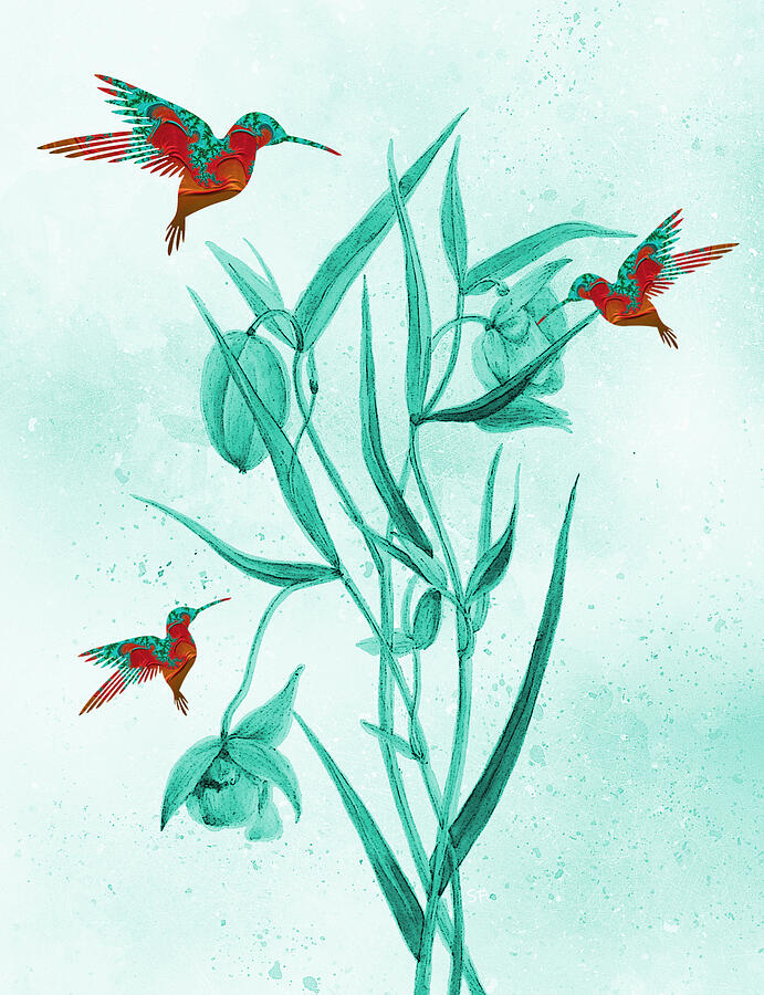Colorful Hummingbirds-Fractal Watercolor Fusion Art Mixed Media by Shelli Fitzpatrick