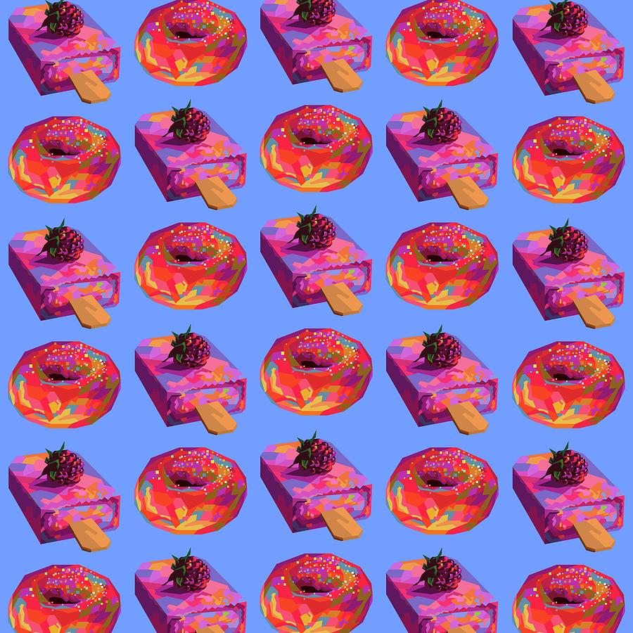 Colorful Ice Cream And Donut Wpap Pop Art Pattern Blue Background Digital Art