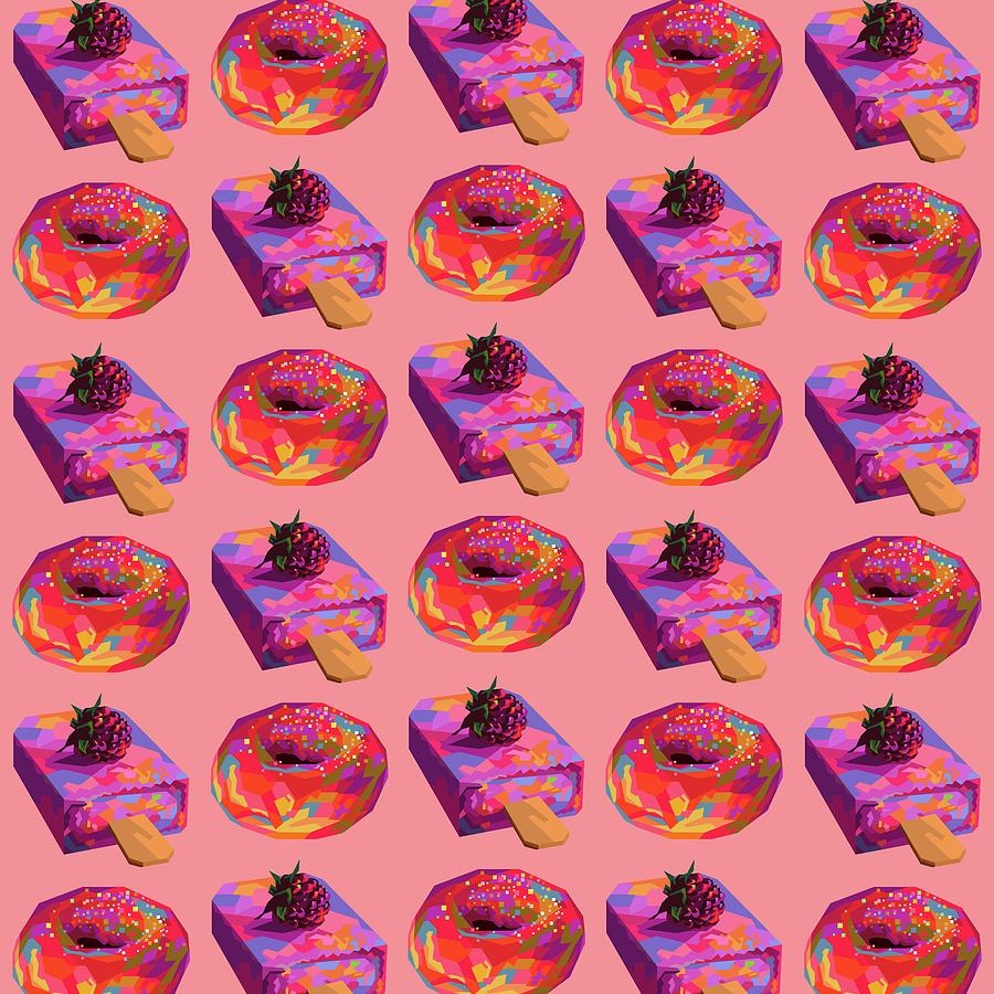 Colorful Ice Cream And Donut Wpap Pop Art Pattern Pink Background Digital Art