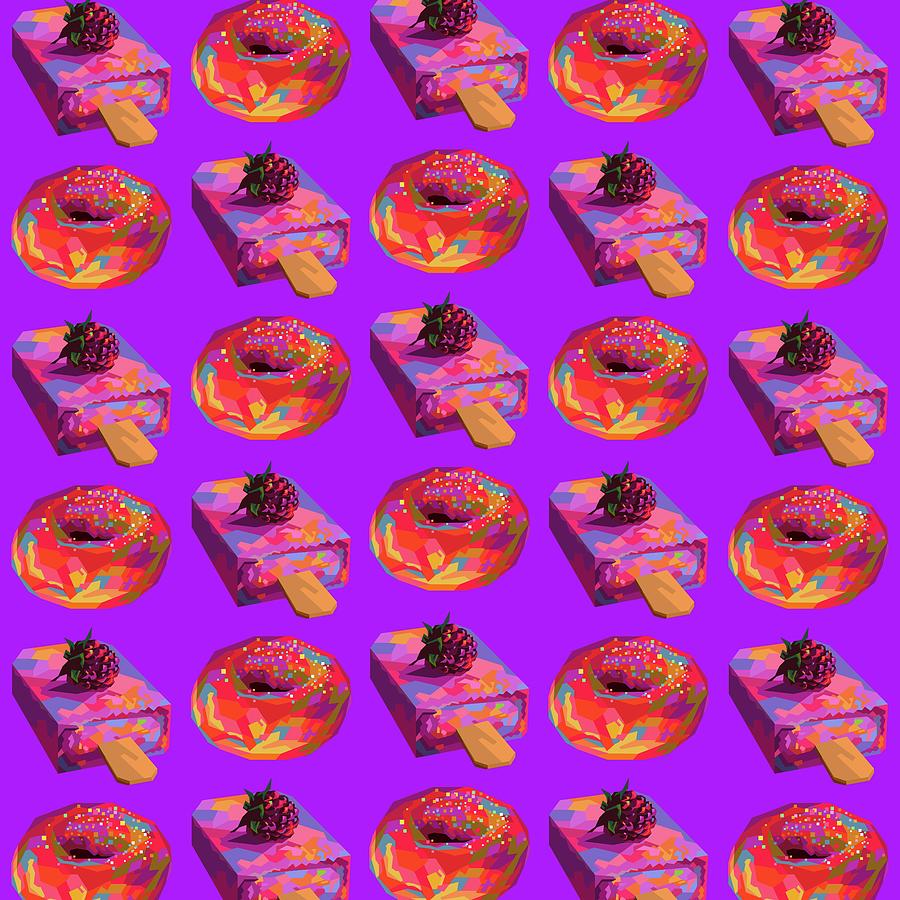 Colorful Ice Cream And Donut Wpap Pop Art Pattern Purple Background Digital Art