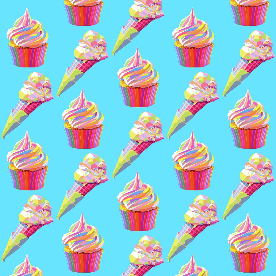 Colorful Ice Creams Wpap Pop Art Pattern Blue Background Digital Art