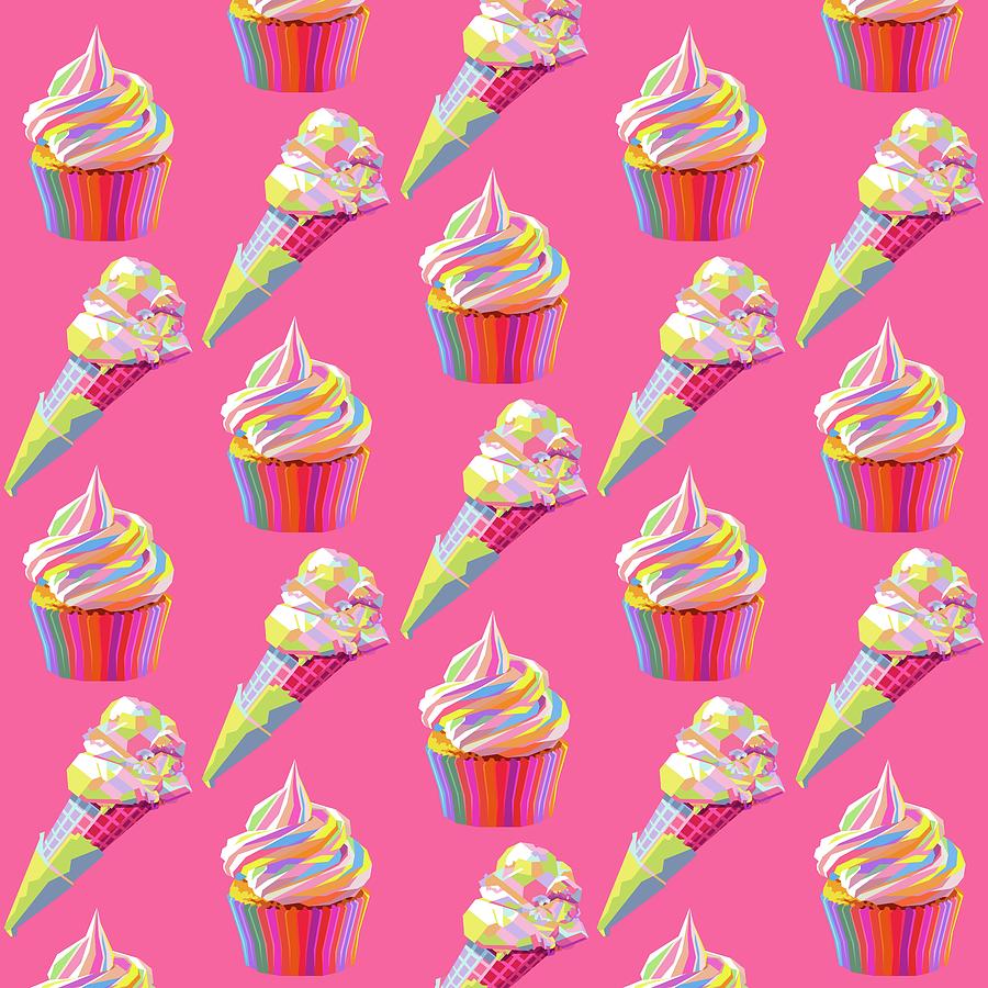 Colorful Ice Creams Wpap Pop Art Pattern Pink Background Digital Art