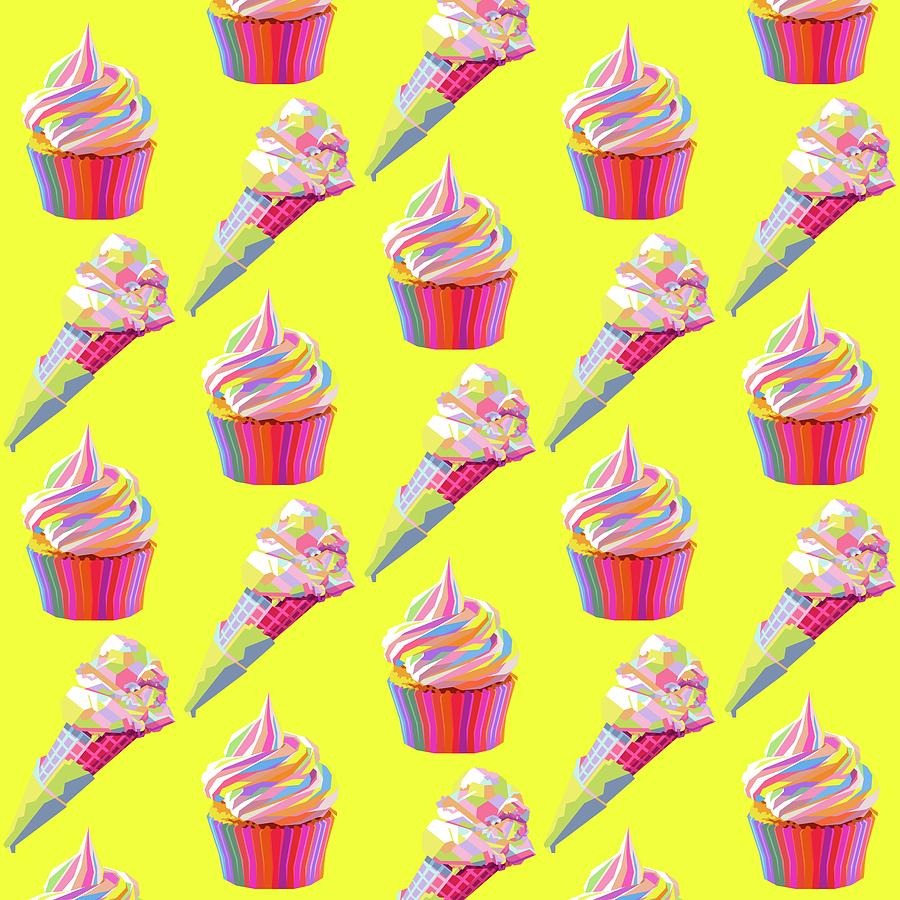 Colorful Ice Creams Wpap Pop Art Pattern Yellow Background Digital Art
