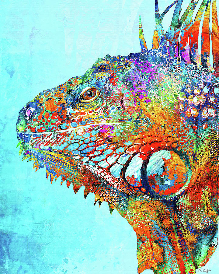 Colorful Iguana Art On Beach Blue Painting by Sharon Cummings