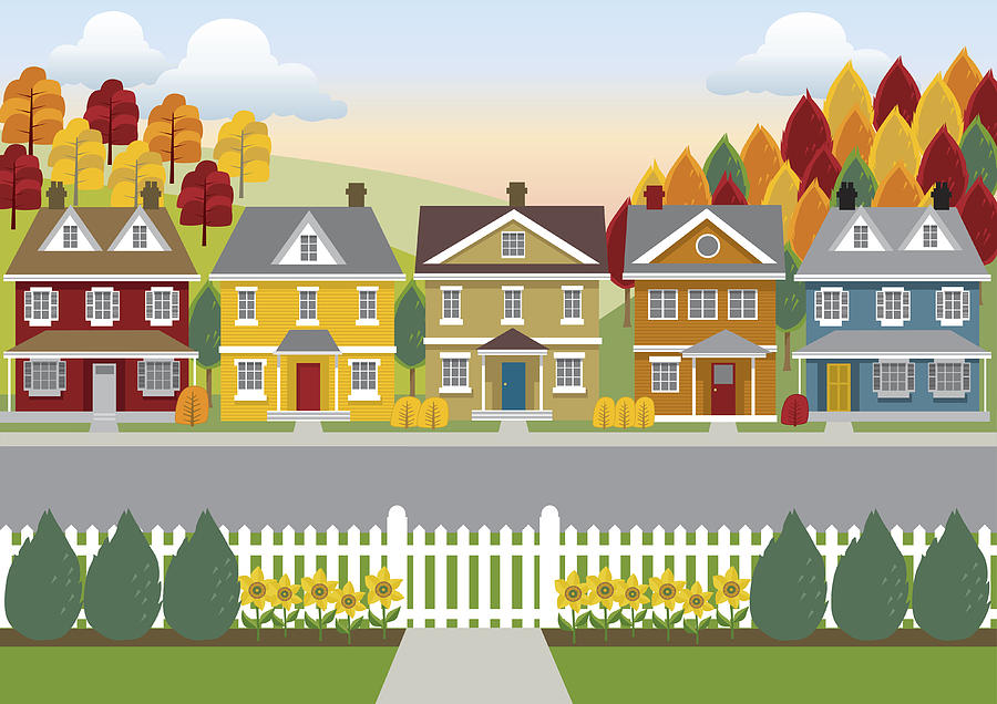 Colorful illustration of a row of houses, road, and trees Drawing by AnvilArtworks