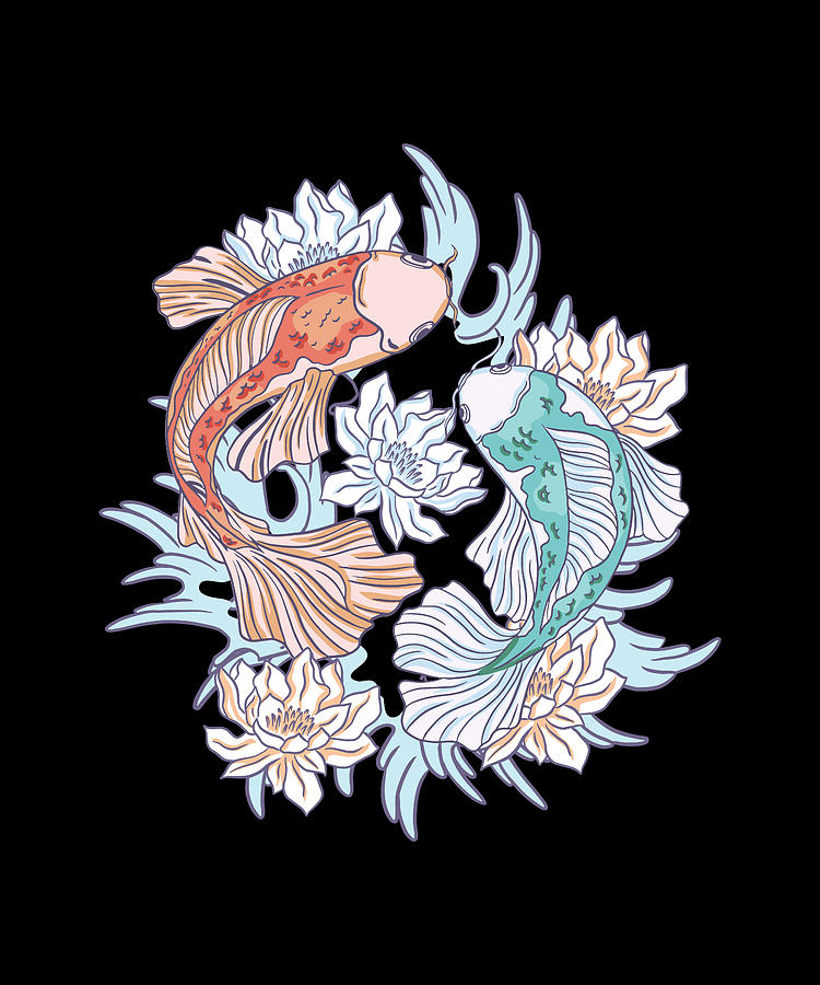 Colorful Koi fish ying and yang with flowers Digital Art by Norman W ...