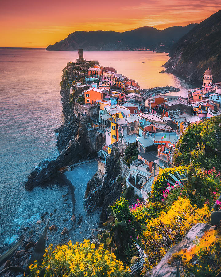 Colorful landscape view of Vernazza on sunset in Cinque Terre, Liguria, Italia Photograph by Serts