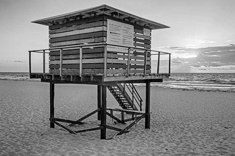 Colorful Lifeguard House on Cancun Beach at Sunrise Playa Cancun Mexico MX Black and White Photograph by Toby McGuire