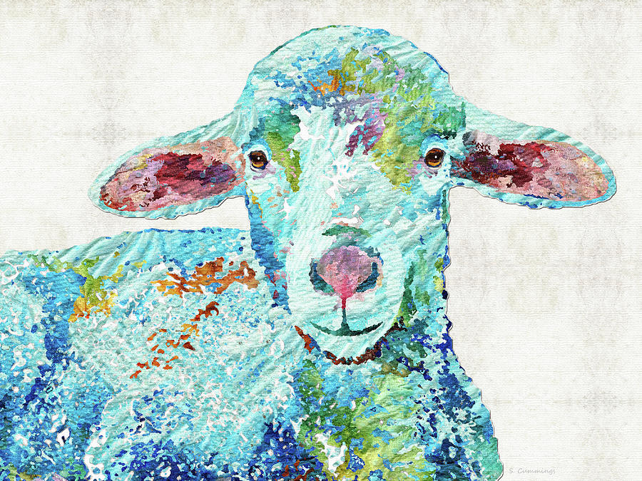 Colorful Little Lamb Face Animal Art Painting by Sharon Cummings