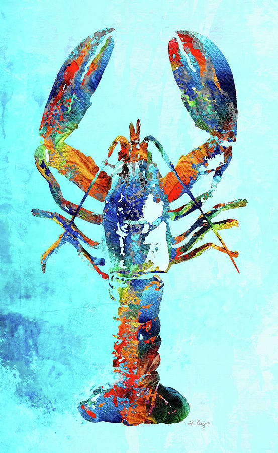 Colorful Lobster Art On Blue Painting by Sharon Cummings
