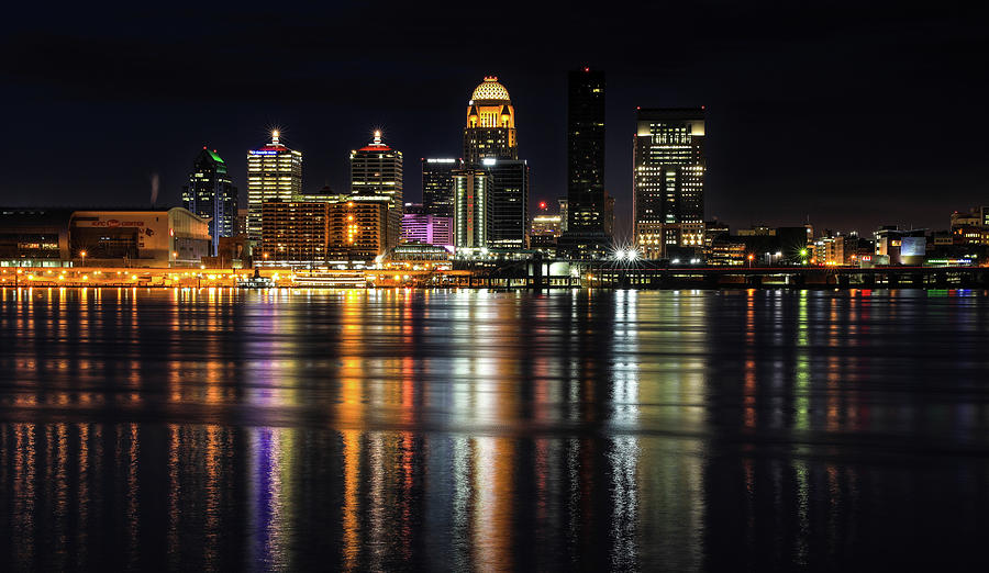 Louisville Skyline Photograph - Colorful Louisville Skyline Reflection At Night by Dan Sproul