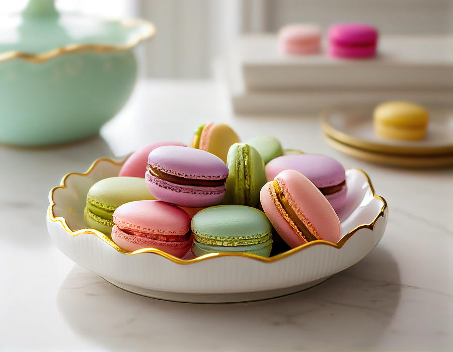 Colorful Macaroons in White Porcelain Bowl Digital Art by Lily Malor