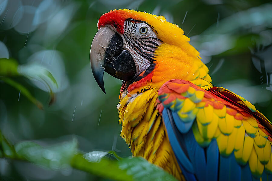 Parrot Photograph - Colorful macaw parrot in natural rainforest setting with raindrops on feathers. by David Mohn