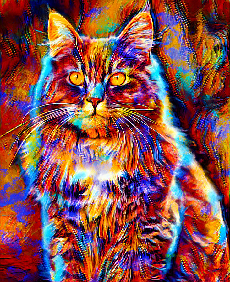 Colorful Maine Coon cat sitting - digital painting Digital Art by Nicko Prints