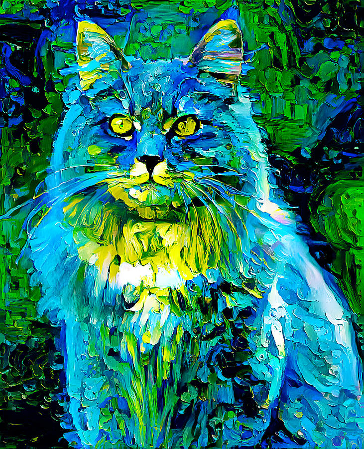 Colorful Maine Coon cat sitting - green and blue palette knife oil texture Digital Art by Nicko Prints