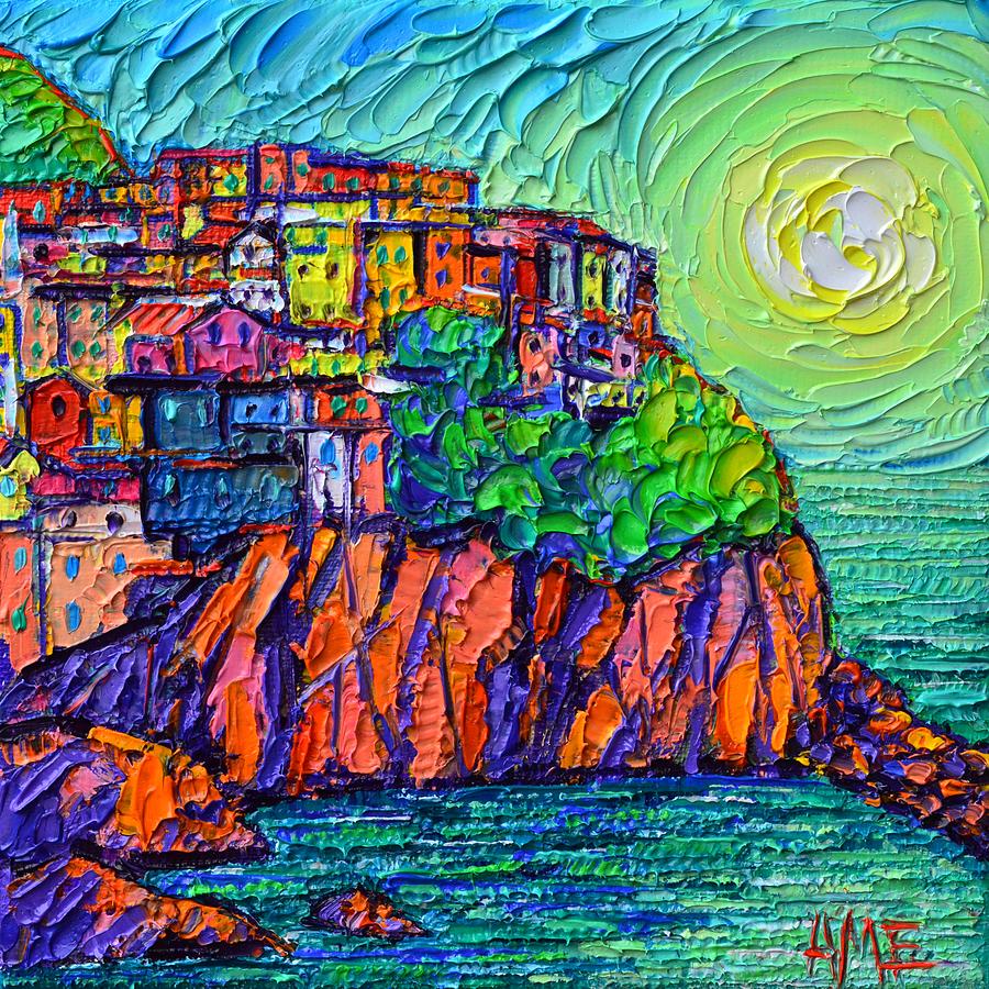 COLORFUL MANAROLA SUNSET CINQUE TERRE ITALY commission oil painting on 3D canvas Ana Maria Edulescu Painting by Ana Maria Edulescu