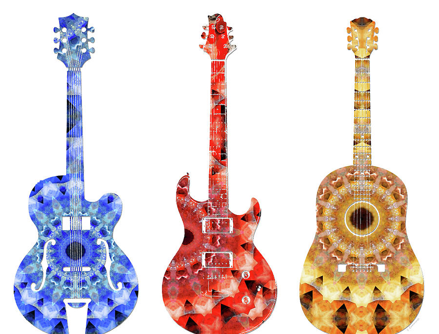Colorful Mandala Guitars Music Art Painting by Sharon Cummings