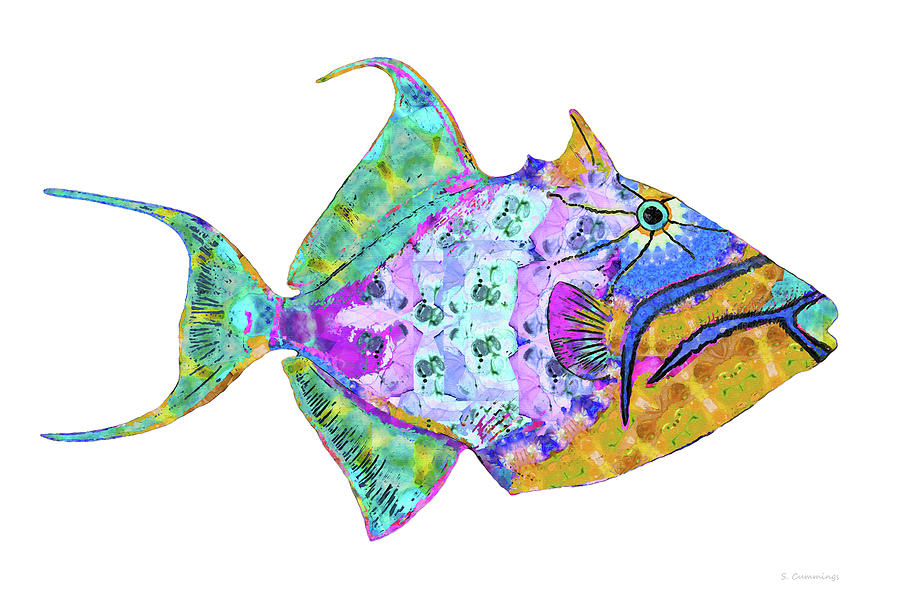 Colorful Mandala Trigger Fish - Beach Art - Sharon Cummings Painting by Sharon Cummings
