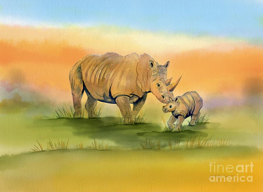 Wildlife Painting - Colorful Mom and Baby Rhino by Melly Terpening