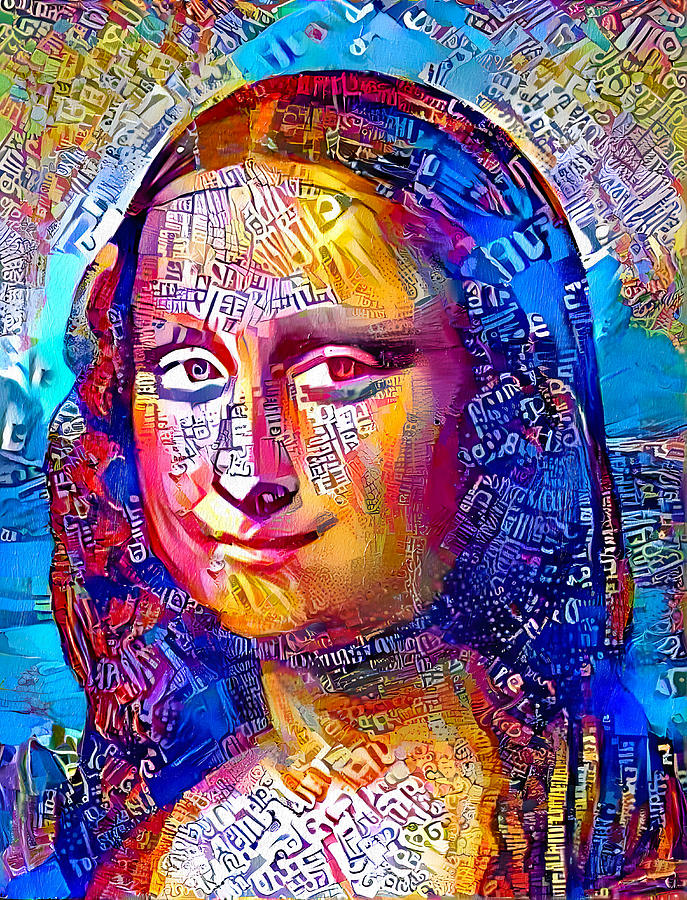 Colorful Mona Lisa portrait with blue, orange and magenta color scheme Digital Art by Nicko Prints