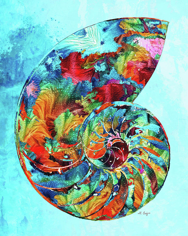 Colorful Nautilus Shell On Blue Painting by Sharon Cummings
