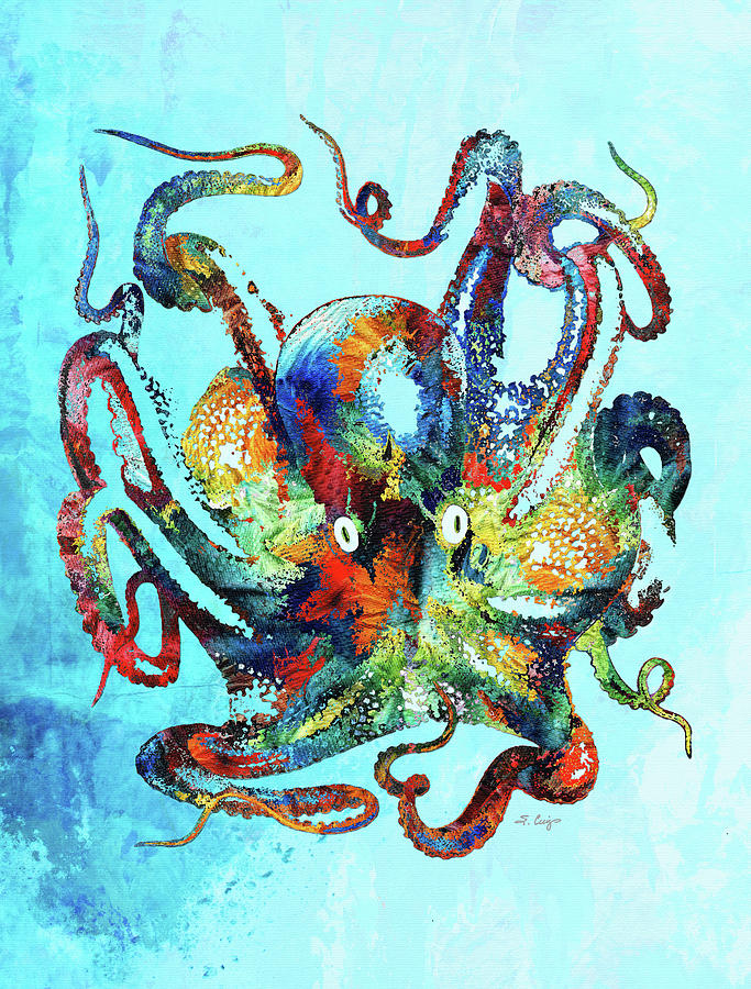 Colorful Octopus On Blue Beach Art Painting by Sharon Cummings