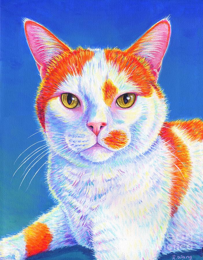 Colorful Orange and White Cat - Hyler Painting by Rebecca Wang
