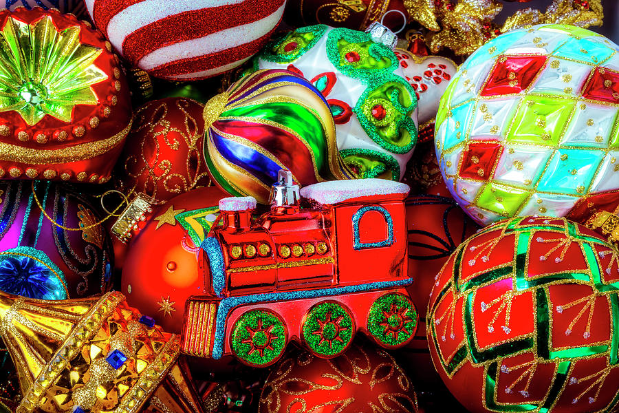 Colorful Ornaments With Train Photograph by Garry Gay