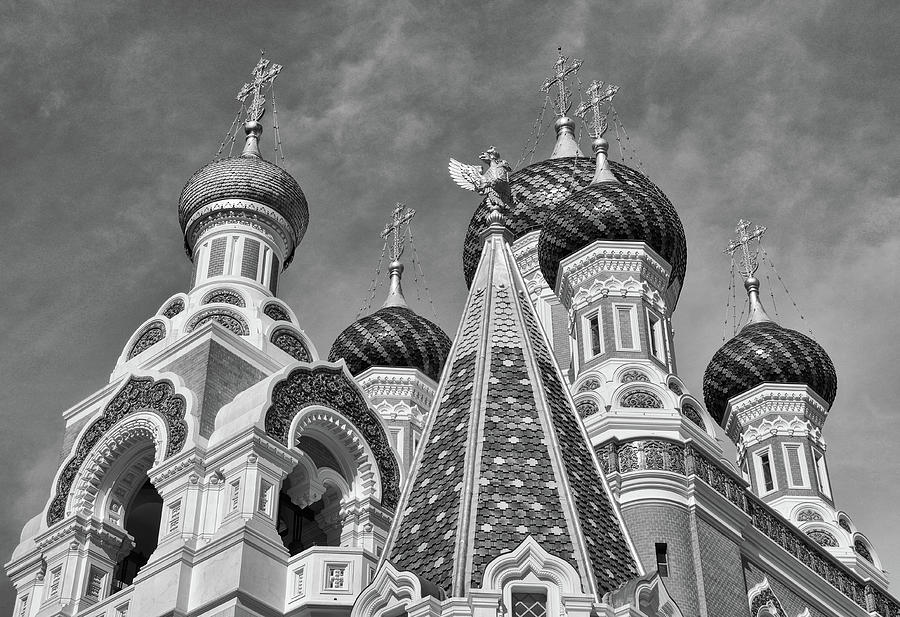 Colorful Ornate Cupolas of St Nicholas Cathedral in Nice France Black and White Photograph by Shawn OBrien