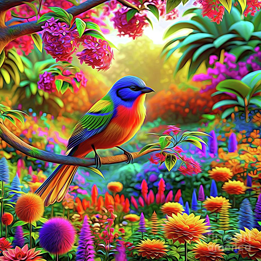 Colorful Painted Bunting in a Lush Garden Expressionist Effect Digital Art by Rose Santuci-Sofranko