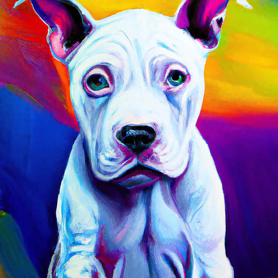 Colorful Painting Of A White Pitbull Puppy Dog Painting by StellArt ...