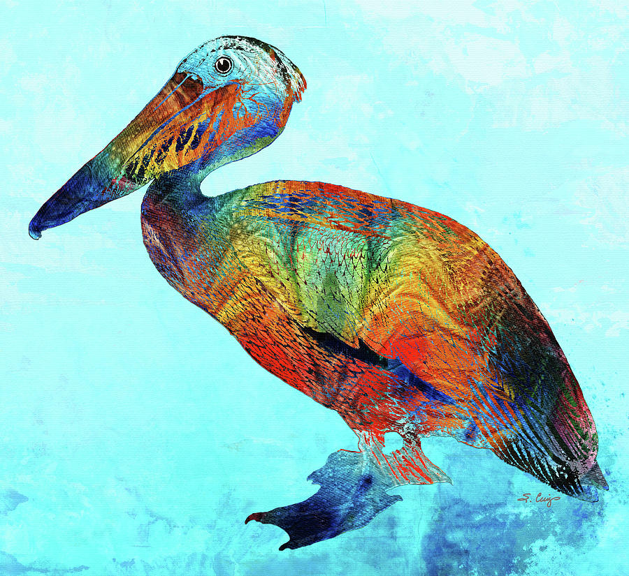 Colorful Pelican On Blue Beach Art Painting by Sharon Cummings