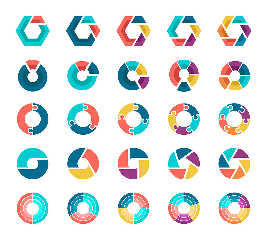 Colorful pie chart collection with 2,3,4,5,6 sections or steps. Drawing by Artvea